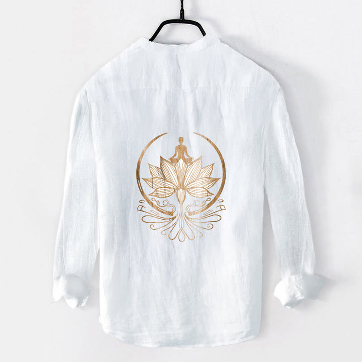 Buddha Stones Meditierende Person Lotus Muster Halbknöpfe Herren Langarmhemd aus Baumwolle und Leinen - image 8