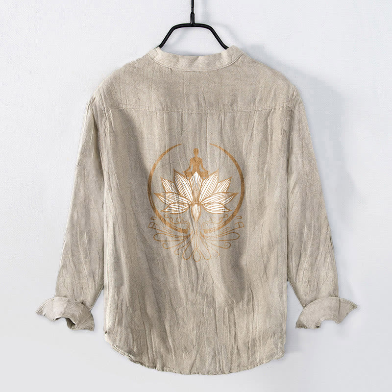 Buddha Stones Meditierende Person Lotus Muster Halbknöpfe Herren Langarmhemd aus Baumwolle und Leinen - image 5