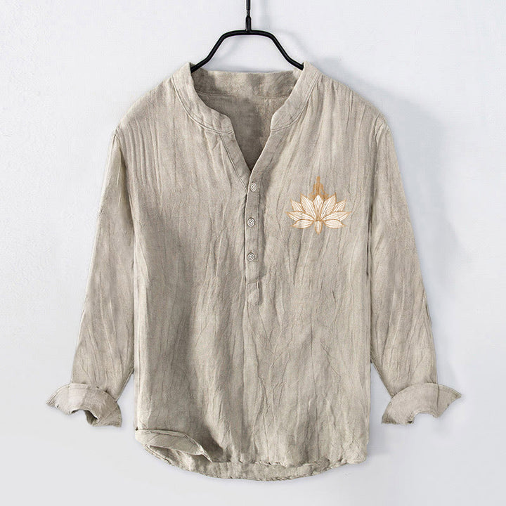 Buddha Stones Meditierende Person Lotus Muster Halbknöpfe Herren Langarmhemd aus Baumwolle und Leinen - image 4