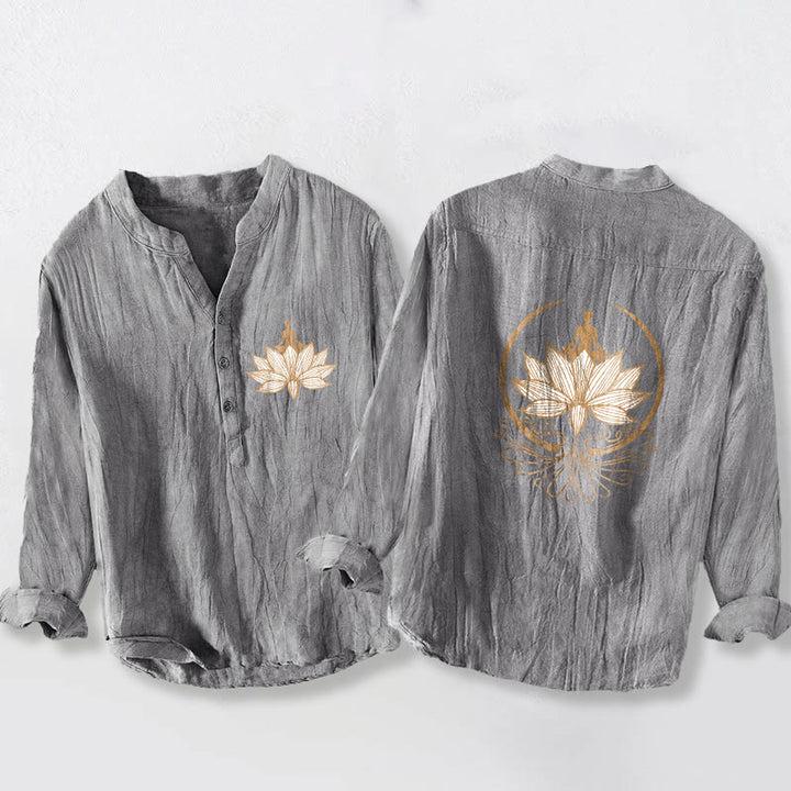Buddha Stones Meditierende Person Lotus Muster Halbknöpfe Herren Langarmhemd aus Baumwolle und Leinen - Grau - US/UK/AU50, EU60 (5XL) - image 0