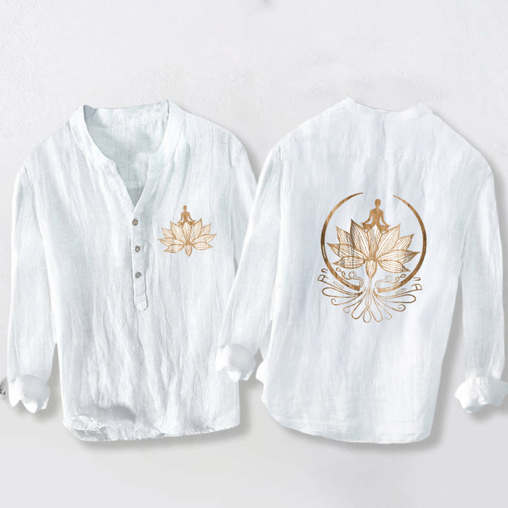 Buddha Stones Meditierende Person Lotus Muster Halbknöpfe Herren Langarmhemd aus Baumwolle und Leinen - Weiß - US/ UK/AU50, EU60 (5XL) - image 6