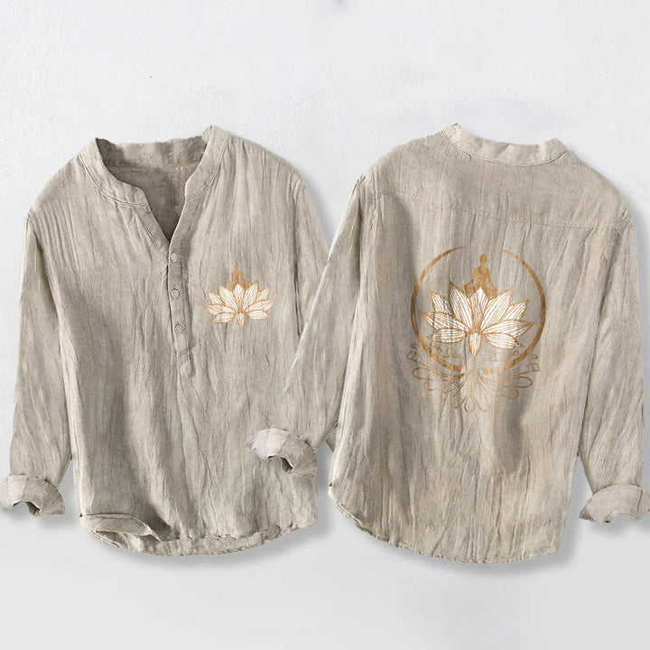 Buddha Stones Meditierende Person Lotus Muster Halbknöpfe Herren Langarmhemd aus Baumwolle und Leinen - Leinen - US/UK/AU50, EU60 (5XL) - image 3