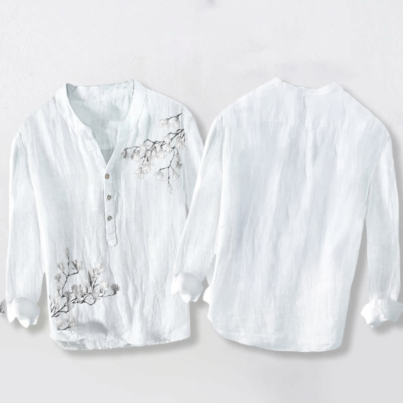 Buddha Stones Magnolienblüten Zweige Muster Halbknöpfe Herren Langarmhemd aus Baumwolle und Leinen - image 8