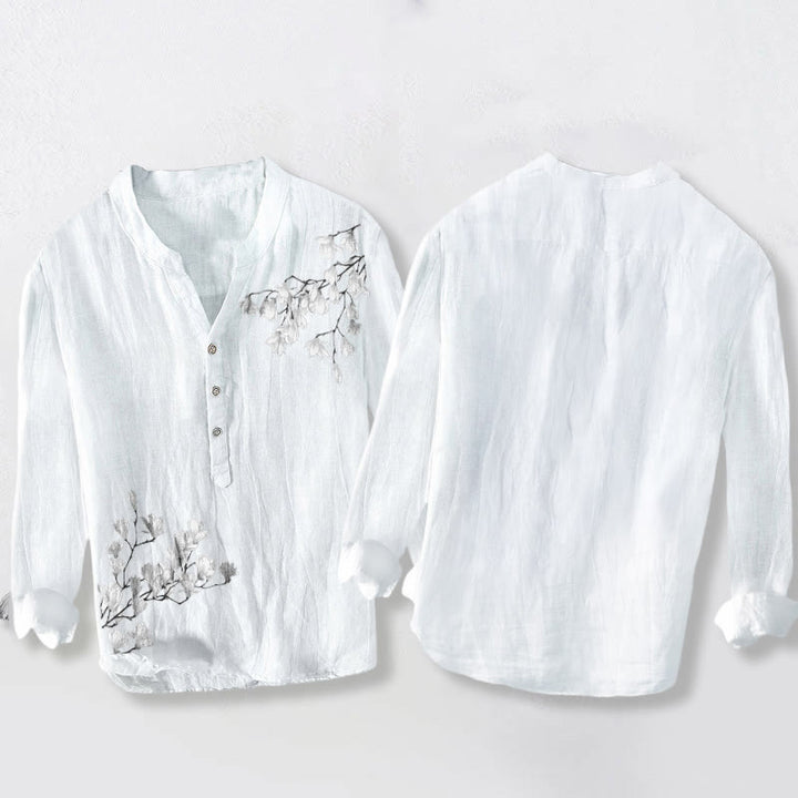 Buddha Stones Magnolienblüten Zweige Muster Halbknöpfe Herren Langarmhemd aus Baumwolle und Leinen - image 8