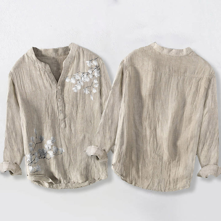Buddha Stones Magnolienblüten Zweige Muster Halbknöpfe Herren Langarmhemd aus Baumwolle und Leinen - image 5