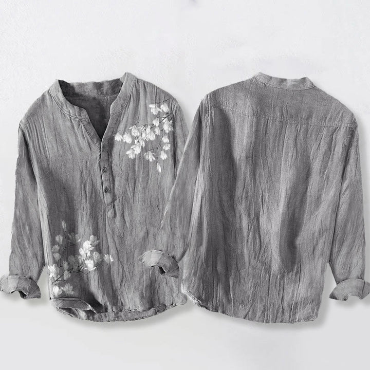 Buddha Stones Magnolienblüten Zweige Muster Halbknöpfe Herren Langarmhemd aus Baumwolle und Leinen - image 2