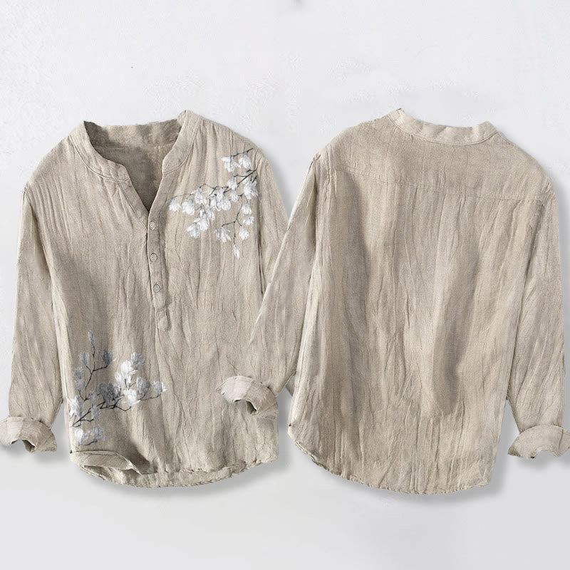 Buddha Stones Magnolienblüten Zweige Muster Halbknöpfe Herren Langarmhemd aus Baumwolle und Leinen - image 5