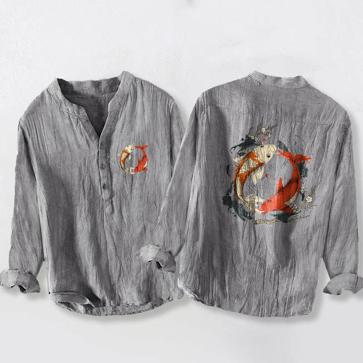 Buddha Stones, rot, weiß, Koi-Fisch, Yin-Yang-Muster, halbe Knöpfe, Herren-Langarmhemd aus Baumwolle und Leinen - Grau - US/ UK/AU50，EU60 (5XL) - image 3