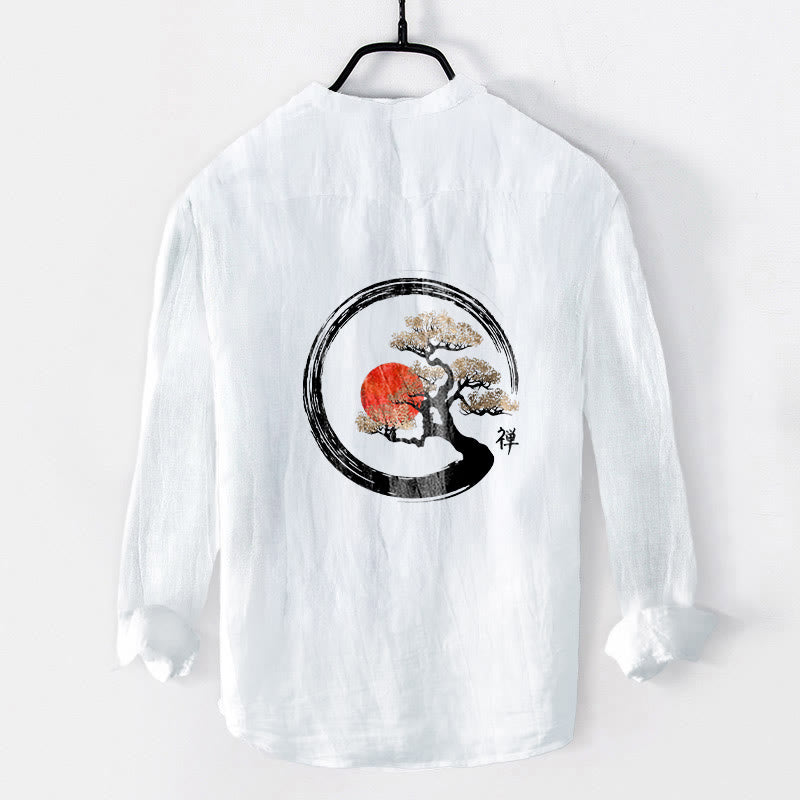 Buddha Stones, Zen-Charakter, Kiefernbaum, Sonnenmuster, Halbknöpfe, Herren-Langarmhemd aus Baumwolle und Leinen - image 8