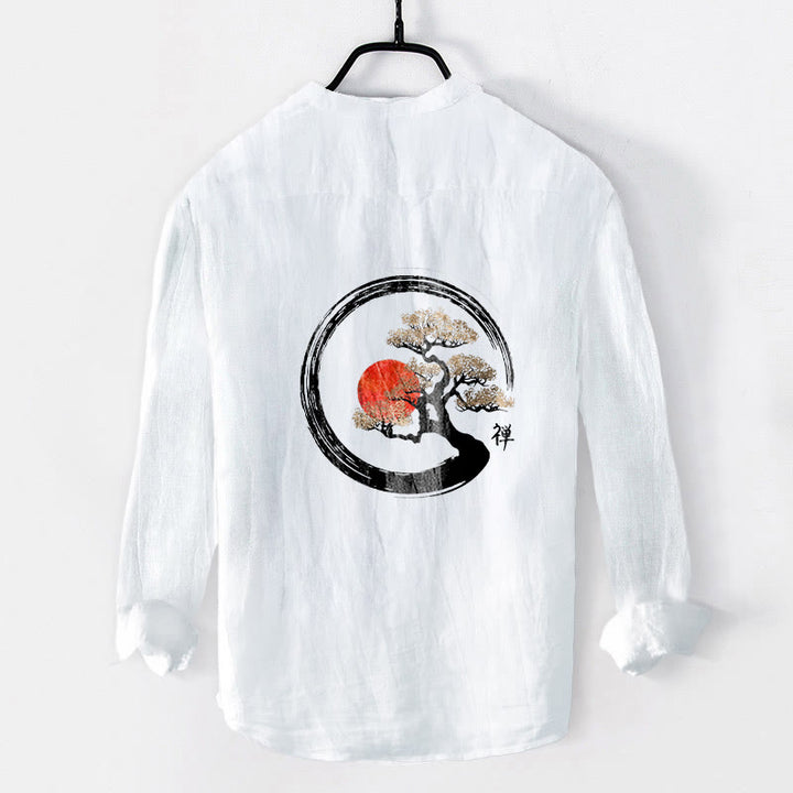 Buddha Stones, Zen-Charakter, Kiefernbaum, Sonnenmuster, Halbknöpfe, Herren-Langarmhemd aus Baumwolle und Leinen - image 8