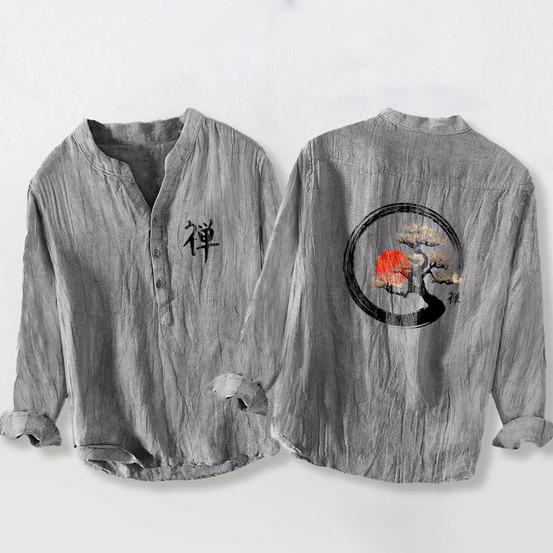 Buddha Stones, Zen-Charakter, Kiefernbaum, Sonnenmuster, Halbknöpfe, Herren-Langarmhemd aus Baumwolle und Leinen - Grau - US/ UK/AU50，EU60 (5XL) - image 0