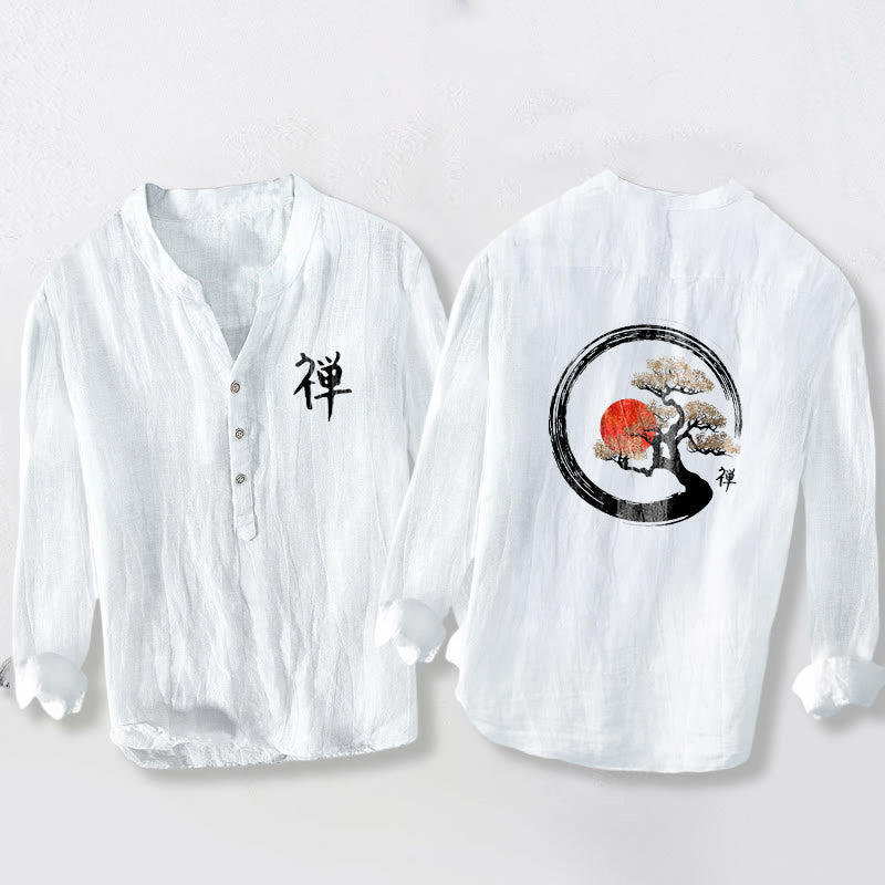 Buddha Stones, Zen-Charakter, Kiefernbaum, Sonnenmuster, Halbknöpfe, Herren-Langarmhemd aus Baumwolle und Leinen - Weiß - US/UK/AU50, EU60 (5XL) - image 6
