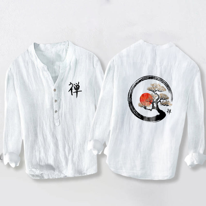 Buddha Stones, Zen-Charakter, Kiefernbaum, Sonnenmuster, Halbknöpfe, Herren-Langarmhemd aus Baumwolle und Leinen - Weiß - US/UK/AU50, EU60 (5XL) - image 6
