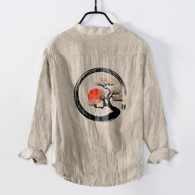 Buddha Stones, Zen-Charakter, Kiefernbaum, Sonnenmuster, Halbknöpfe, Herren-Langarmhemd aus Baumwolle und Leinen - image 5