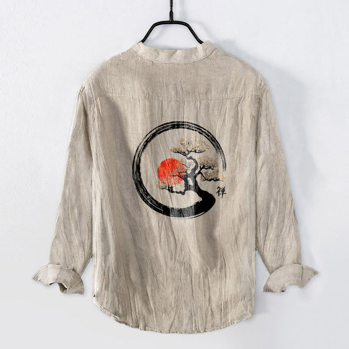 Buddha Stones, Zen-Charakter, Kiefernbaum, Sonnenmuster, Halbknöpfe, Herren-Langarmhemd aus Baumwolle und Leinen - image 5