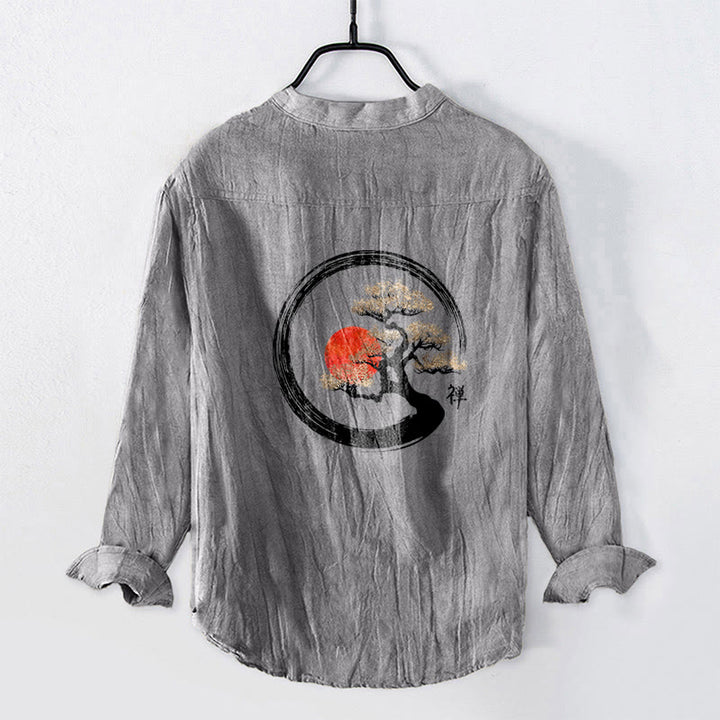 Buddha Stones, Zen-Charakter, Kiefernbaum, Sonnenmuster, Halbknöpfe, Herren-Langarmhemd aus Baumwolle und Leinen - image 2