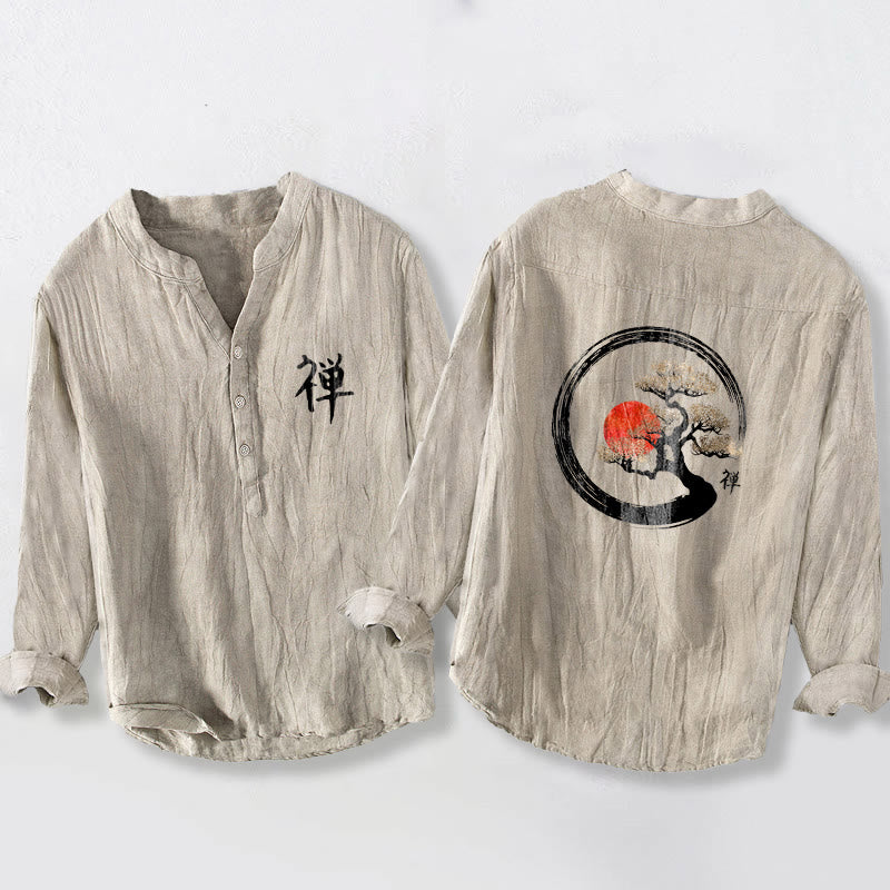 Buddha Stones, Zen-Charakter, Kiefernbaum, Sonnenmuster, Halbknöpfe, Herren-Langarmhemd aus Baumwolle und Leinen - Leinen - US/UK/AU50, EU60 (5XL) - image 3