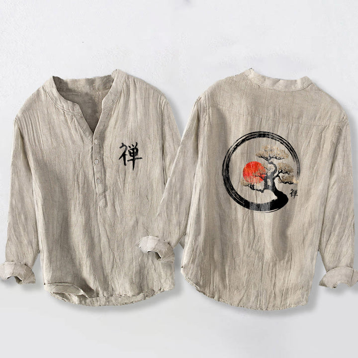 Buddha Stones, Zen-Charakter, Kiefernbaum, Sonnenmuster, Halbknöpfe, Herren-Langarmhemd aus Baumwolle und Leinen - Leinen - US/UK/AU50, EU60 (5XL) - image 3