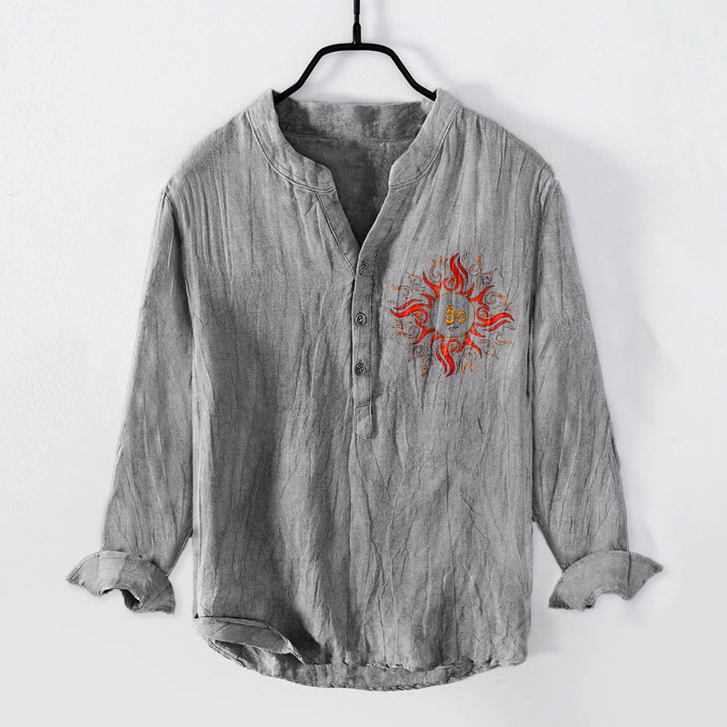 Buddha Stones Sonnenförmiges OM-Symbolmuster Halbknöpfe Herren Langarmhemd aus Baumwolle und Leinen - Grau - US/ UK/AU50，EU60 (5XL) - image 3