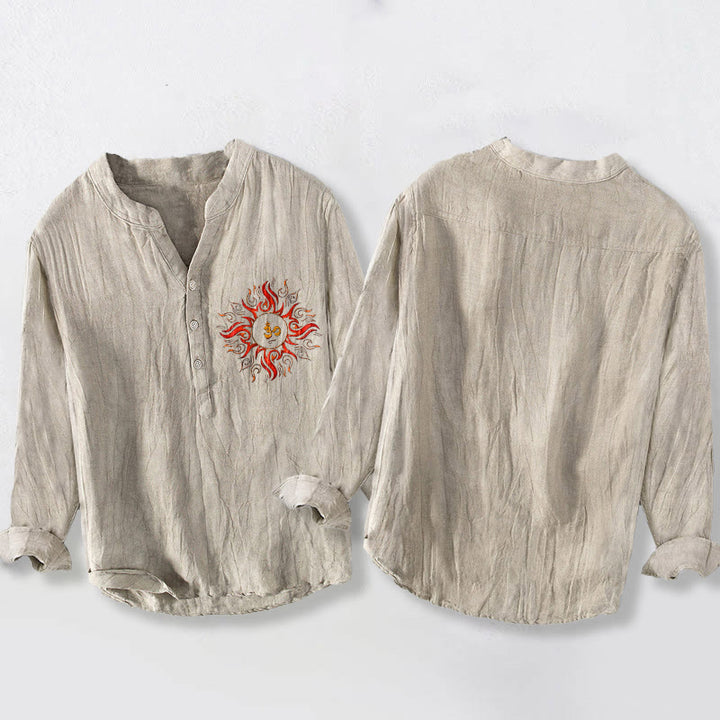 Buddha Stones Sonnenförmiges OM-Symbolmuster Halbknöpfe Herren Langarmhemd aus Baumwolle und Leinen - image 2