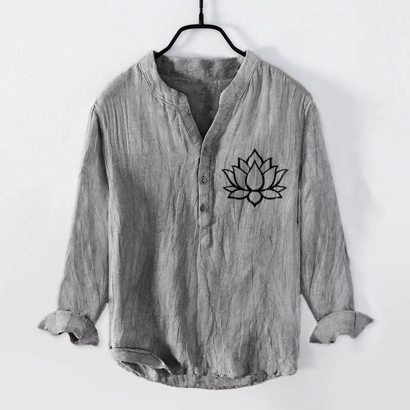 Buddha Stones Line-Art Lotusblumenmuster Halbknöpfe Herren Langarmhemd aus Baumwolle und Leinen - Grau - US/ UK/AU50，EU60 (5XL) - image 0