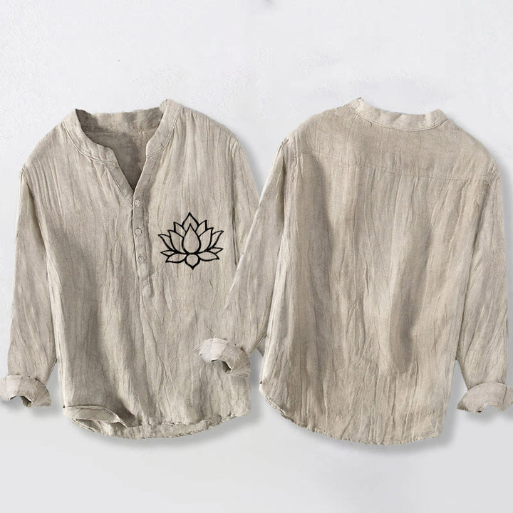 Buddha Stones Line-Art Lotusblumenmuster Halbknöpfe Herren Langarmhemd aus Baumwolle und Leinen - image 5