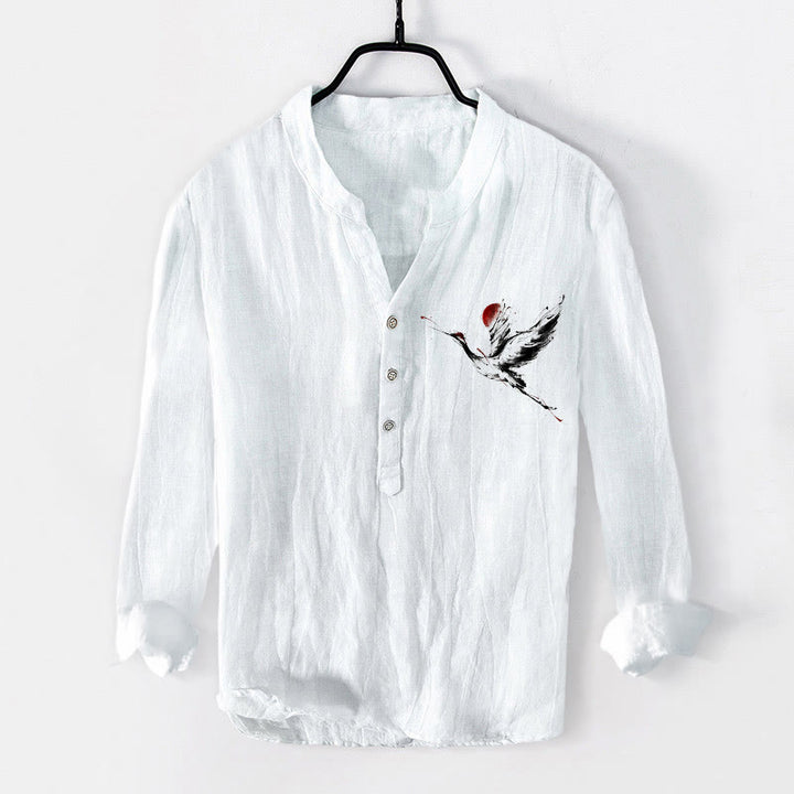 Buddha Stones Flying Crane Sun Pattern Halbknöpfe Herren Langarmhemd aus Baumwolle und Leinen - Weiß - US/ UK/AU50, EU60 (5XL) - image 6