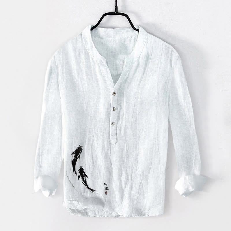 Buddha Stones Zwei Koi-Fisch-Muster Halbknöpfe Herren Langarmhemd aus Baumwolle und Leinen - Weiß - US/ UK/AU50，EU60 (5XL) - image 6