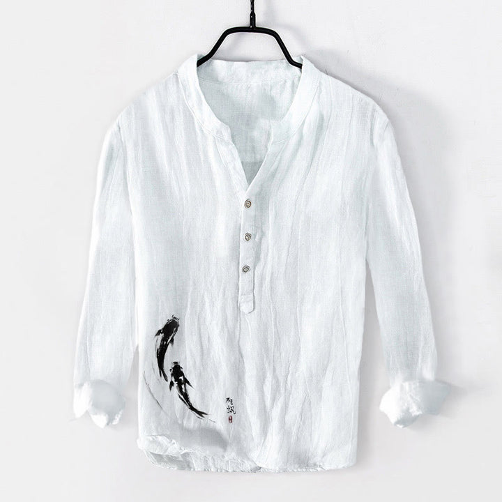 Buddha Stones Zwei Koi-Fisch-Muster Halbknöpfe Herren Langarmhemd aus Baumwolle und Leinen - Weiß - US/ UK/AU50，EU60 (5XL) - image 6