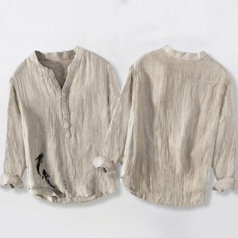 Buddha Stones Zwei Koi-Fisch-Muster Halbknöpfe Herren Langarmhemd aus Baumwolle und Leinen - image 2