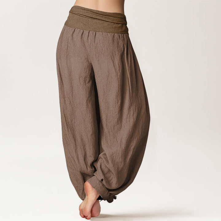 Buddha Stones Damen Haremshose aus reiner Baumwolle, einfarbig, hellbraun, elastische Taille - image 1