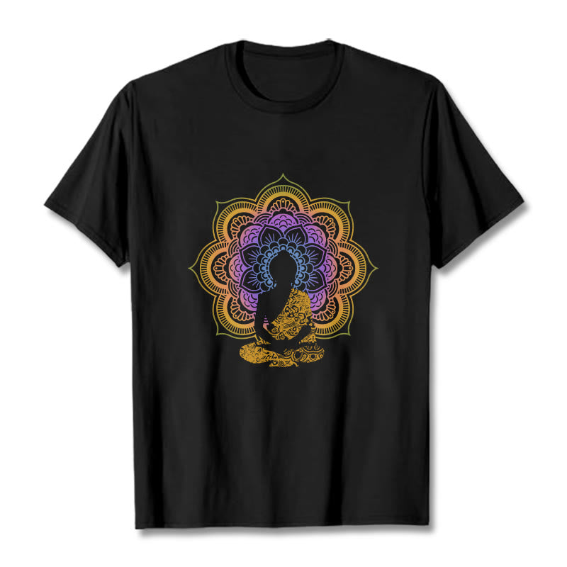 Buddha Stones ​​Multicolor Mandala Blume Sitzender Buddha Muster T T-shirt - Schwarz - 2XL - image 0