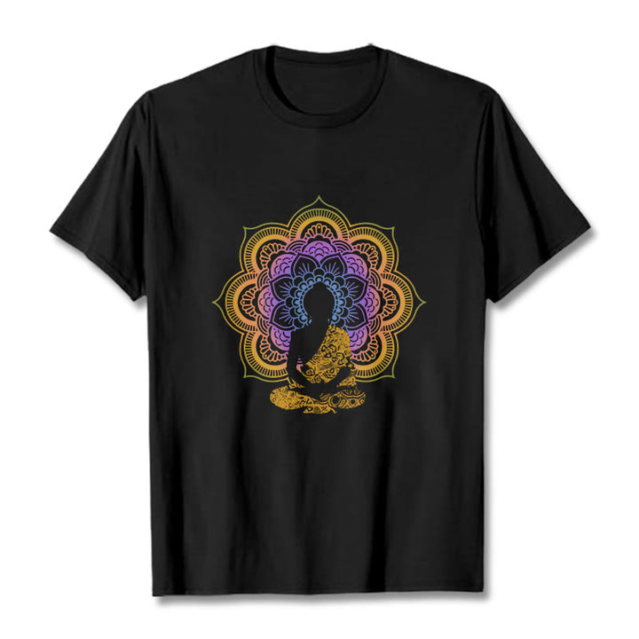 Buddha Stones ​​Multicolor Mandala Blume Sitzender Buddha Muster T T-shirt - Schwarz - 2XL - image 0