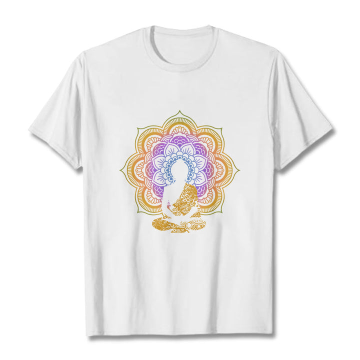 Buddha Stones ​​Multicolor Mandala Blume Sitzender Buddha Muster T T-shirt - Weiß - 2XL - image 5