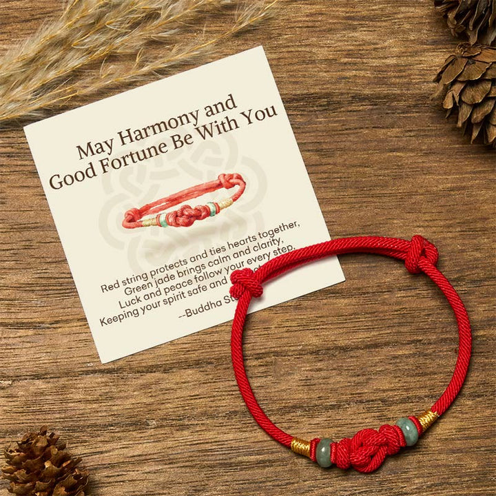 Geflochtenes Armband mit Buddha Stonesn, roter Schnur, Jade, Glück, Glücksknoten - Rote Schnur und Jade (Handgelenkumfang 14–22 cm) - Standard-Geschenkbox - image 0