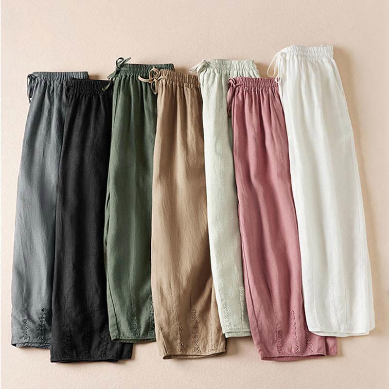 Buddha Stones Sommer-Haremshose mit kleiner Blumenstickerei und Taschen - image 1