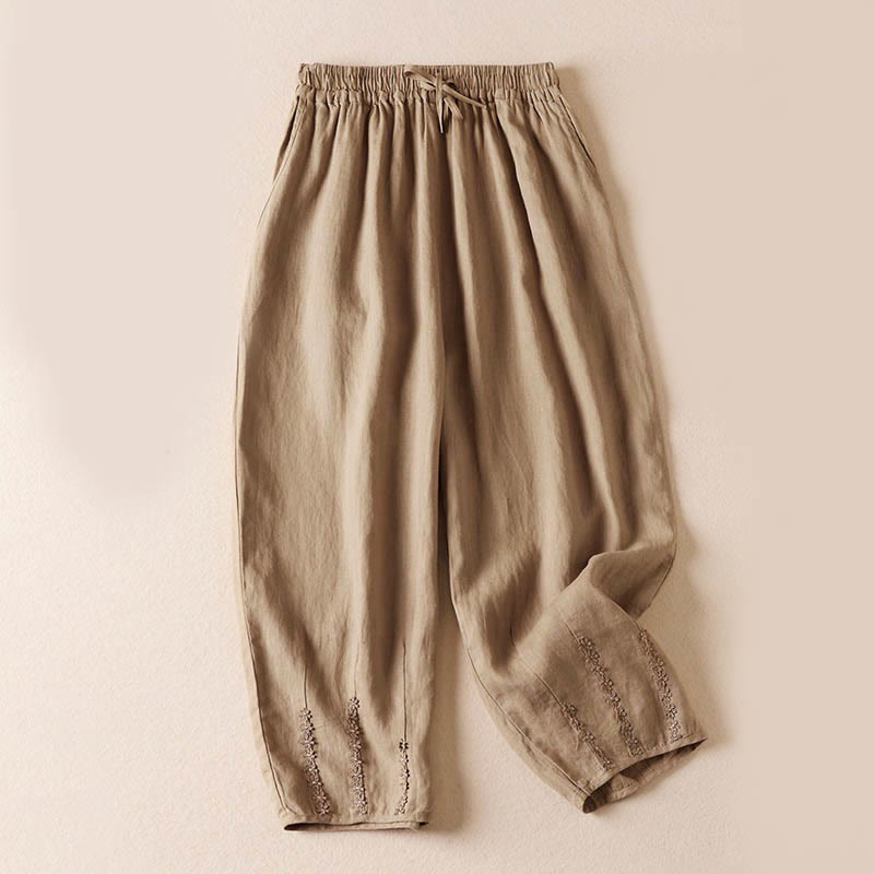 Buddha Stones Sommer-Haremshose mit kleiner Blumenstickerei und Taschen - Weizen - US 8-10, UK/AU 12-14, EU 40-42 (2XL) - image 0