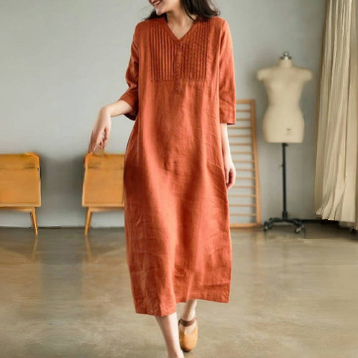 Buddha Stones – Lässiges, schlichtes Midikleid mit Akkordeonfalten, V-Ausschnitt und halblangen Ärmeln und Taschen - image 8