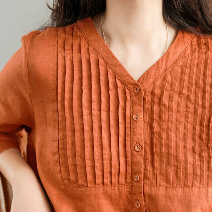 Buddha Stones – Lässiges, schlichtes Midikleid mit Akkordeonfalten, V-Ausschnitt und halblangen Ärmeln und Taschen - image 11