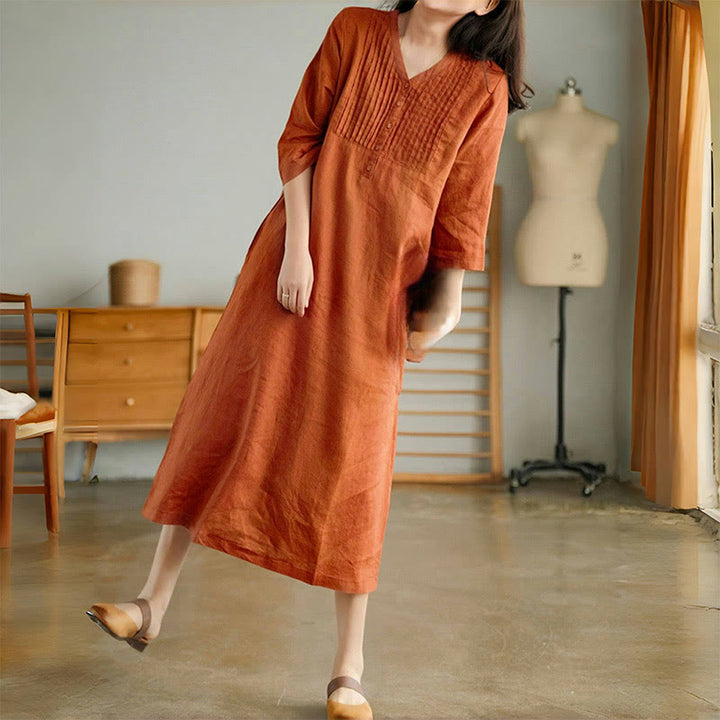 Buddha Stones – Lässiges, schlichtes Midikleid mit Akkordeonfalten, V-Ausschnitt und halblangen Ärmeln und Taschen - image 7