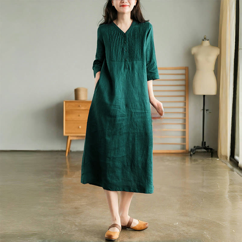 Buddha Stones – Lässiges, schlichtes Midikleid mit Akkordeonfalten, V-Ausschnitt und halblangen Ärmeln und Taschen - Türkis - US12, UK/AU16, EU44 (3XL) - image 0