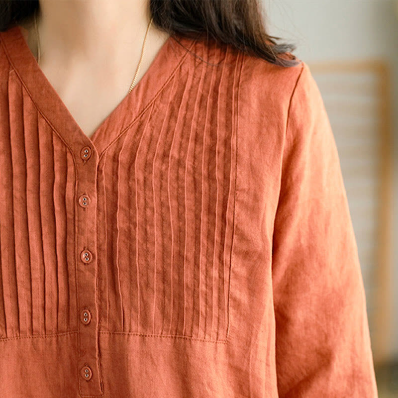 Buddha Stones – Lässiges, schlichtes Midikleid mit Akkordeonfalten, V-Ausschnitt und halblangen Ärmeln und Taschen - image 10
