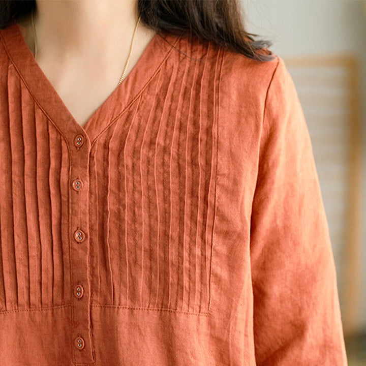 Buddha Stones – Lässiges, schlichtes Midikleid mit Akkordeonfalten, V-Ausschnitt und halblangen Ärmeln und Taschen - image 10
