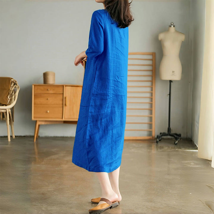 Buddha Stones – Lässiges, schlichtes Midikleid mit Akkordeonfalten, V-Ausschnitt und halblangen Ärmeln und Taschen - image 5