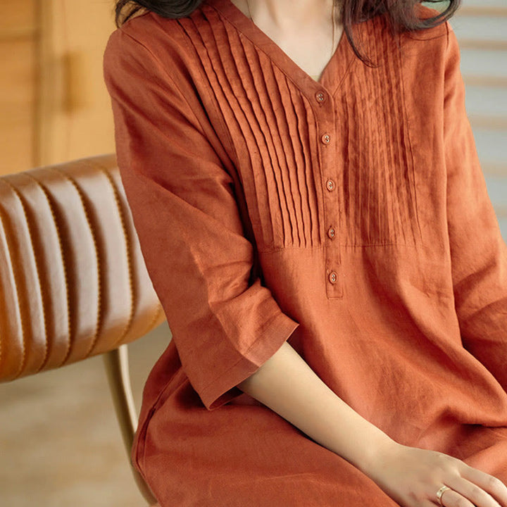 Buddha Stones – Lässiges, schlichtes Midikleid mit Akkordeonfalten, V-Ausschnitt und halblangen Ärmeln und Taschen - image 9