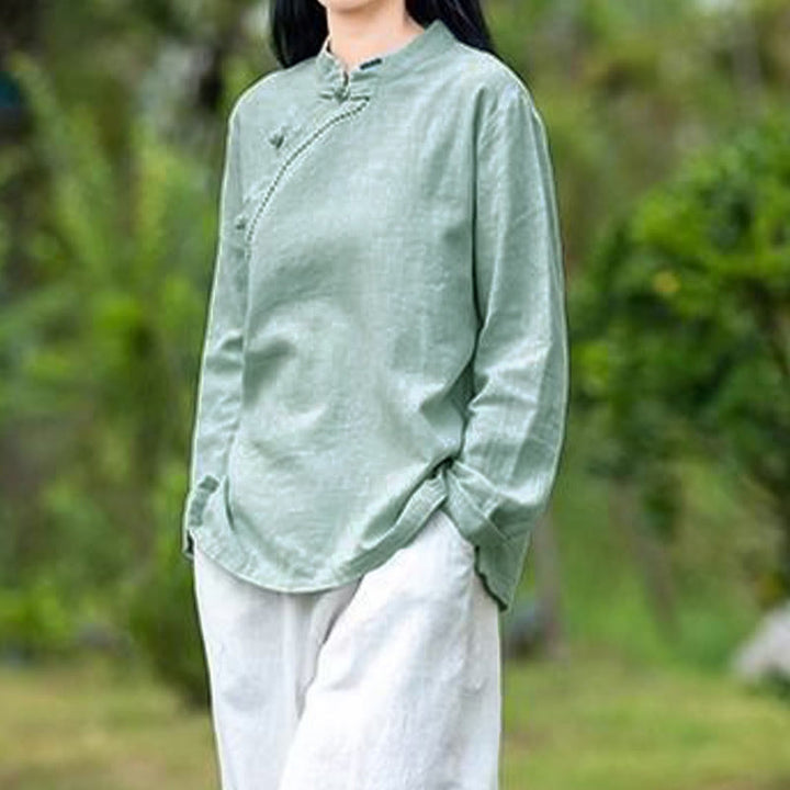 Buddha Stones Schrägkragen Knotenknopf Lose Leinenkleidung - image 3