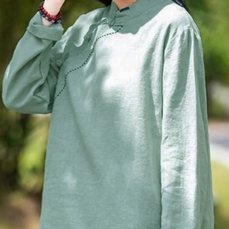 Buddha Stones Schrägkragen Knotenknopf Lose Leinenkleidung - image 1