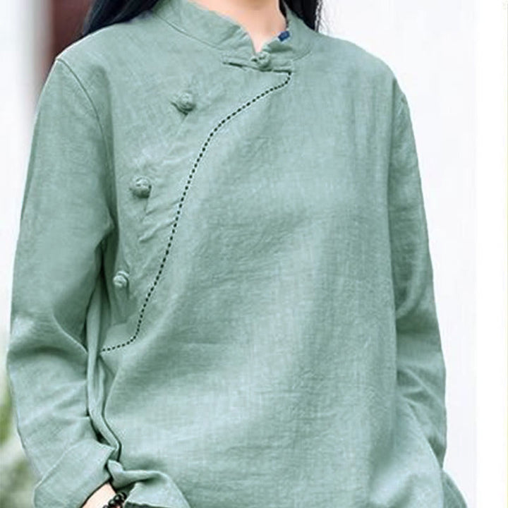 Buddha Stones Schrägkragen Knotenknopf Lose Leinenkleidung - image 2