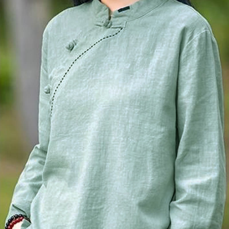 Buddha Stones Schrägkragen Knotenknopf Lose Leinenkleidung - image 7