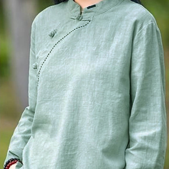 Buddha Stones Schrägkragen Knotenknopf Lose Leinenkleidung - image 7